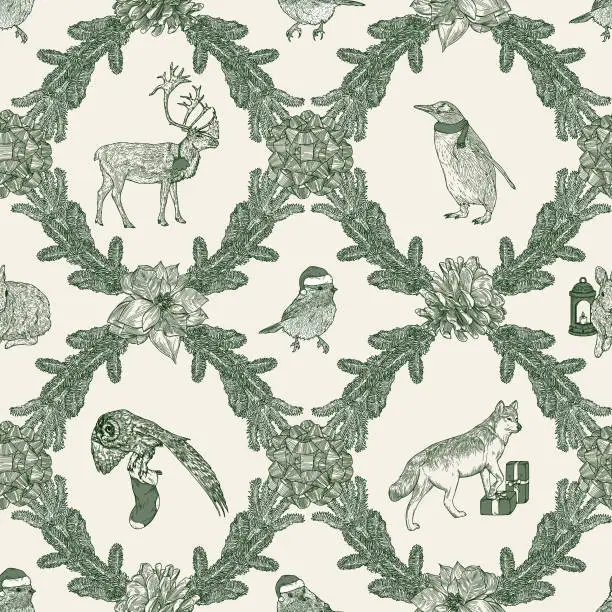 Vector illustration of Traditional Christmas Winter Argyle Animal Seamless Pattern