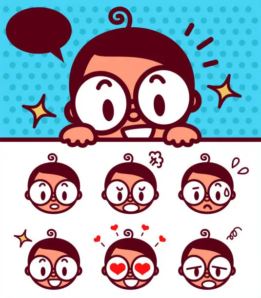 Vector illustration of Facial expression (Emoticons) of cute boy with eyeglasses holding a blank sign