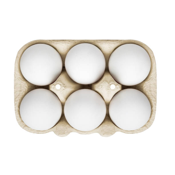 istock Packing, box of white eggs isolated on white background, top view, 6 pieces 1281347792