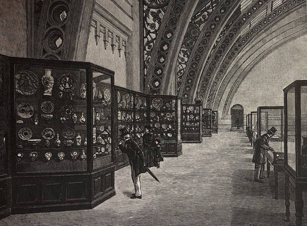 antike illustration - der saal mit der avery collection - metropolitan museum of art - sammlervitrinen stock-grafiken, -clipart, -cartoons und -symbole