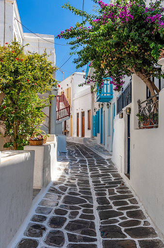 A narrow street in Mykonos, Greece