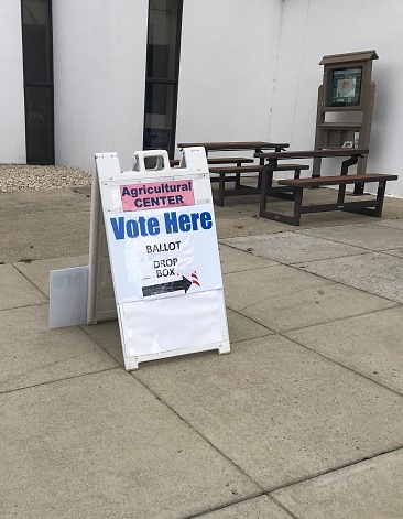 Berks County Pennsylvania- October 19, 2020: Sign for mail-in drop off ballot box location at Berks County Agricultural Center