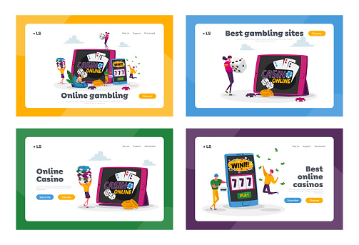 Gamble Player Addiction Landing Page Template Set. Characters Playing Gambling Games in Online Casino Win Jackpot Money Prize on Virtual Slot Machine and Poker. Cartoon People Vector Illustration