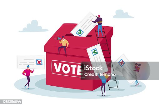 istock Election and Social Poll Concept. Tiny Voters Male and Female Characters Casting Ballots at Polling Place During Voting 1281356044