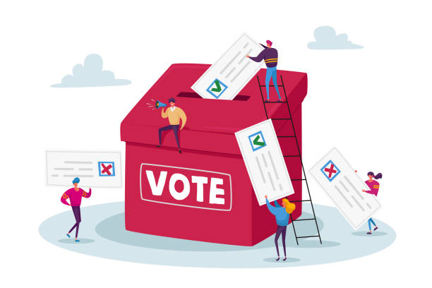 Election and Social Poll Concept. Tiny Voters Male and Female Characters Casting Ballots at Polling Place During Voting Election and Social Poll Concept. Tiny Voters Male and Female Characters Casting Ballots at Polling Place During Voting Put Paper Ballot in Box, Man with Megaphone. Cartoon People Vector Illustration voting stock illustrations