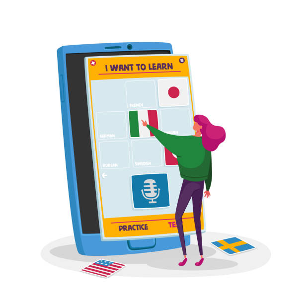 tiny woman wybierz przycisk języka francuskiego na ogromnej aplikacji smartphone do nauki. technologie cyfrowe online - text talking translation learning stock illustrations