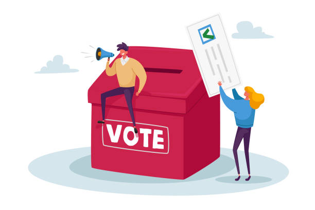 Tiny Characters Vote, Polling, Presidential Election or Social Poll Concept. Voters Casting Ballots during Voting Tiny Characters Vote, Polling, Presidential Election or Social Poll Concept. Voters Casting Ballots during Voting Put Filled Paper Ballot in Box, Man with Megaphone. Cartoon People Vector Illustration referendum illustrations stock illustrations