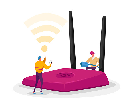 Wireless Connection, Modern Technology Concept. Tiny Male Characters Set Up and Use Wifi Router. People Surfing Internet in Free Wi Fi Hotspot Zone, Online Public Assess. Cartoon Vector Illustration