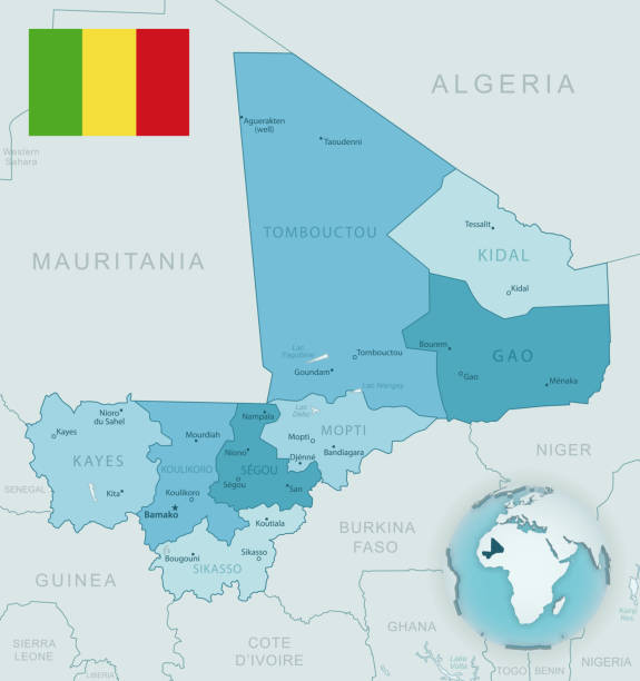 illustrations, cliparts, dessins animés et icônes de carte détaillée bleu-vert des divisions administratives du mali avec le drapeau et l’emplacement de pays sur le globe. - mali