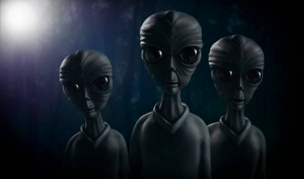 Aliens at Night Stock Photo Close encounter with three aliens on a dark night backlit by their spaceship. This is a photo composition of 3D clay statues of aliens confrontation photos stock pictures, royalty-free photos & images