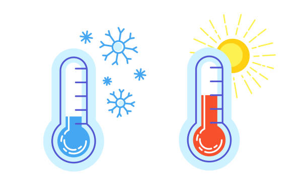 Hot and cold icon thermometer warm sun snowflake Hot and cold icon thermometer. Warm with sun, cold and snowflake meteorology thermometers celsius and fahrenheit. Vector outdoor temperature cartoon logo. Flat web sign cartoon thermometer stock illustrations