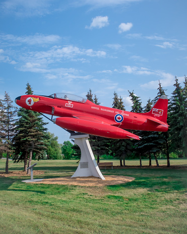 Winnipeg MB Canada - august 15th 2019 / This red model plane, mounted in the St. James neighbourhood of Winnipeg, has recently been repainted