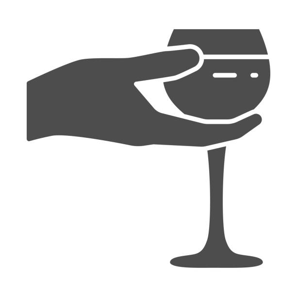 ilustrações, clipart, desenhos animados e ícones de wineglass em mãos ícone sólido, conceito festival de vinho, taça de vinho em letreiro de palma no fundo branco, ícone de vidro de mão no estilo glifo para celular e web design. gráficos vetoriais. - champagne flute wine isolated wineglass
