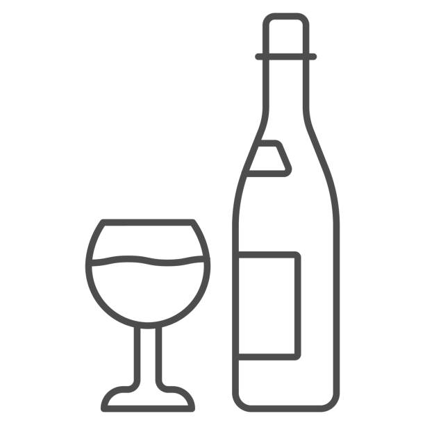 бутылка и бокал вина тонкая линия значок, концепция винный фестиваль, алкогольный напиток для празднования знак на белом фоне, бутылка вина - champagne flute wine isolated wineglass stock illustrations