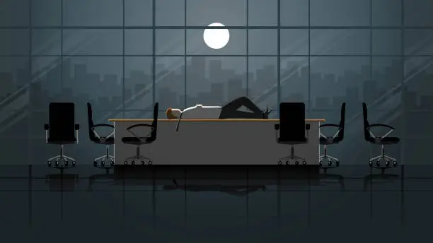 Vector illustration of Tired Office man lay down sleep on table after meeting in conference room with messy chair. Alone in dark light from full moon. Exhausted people city lifestyle of work hard overtime and overwork scene