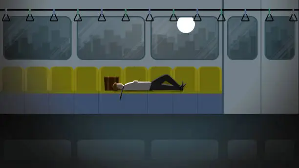 Vector illustration of Tired Office man lay down sleep on seat in train public transport. Go back home after job. Alone in dark light from full moon. Exhausted people city lifestyle of work hard overtime and overwork scene.