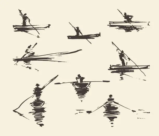Vector illustration of Set illustrations man boat hand drawn vector