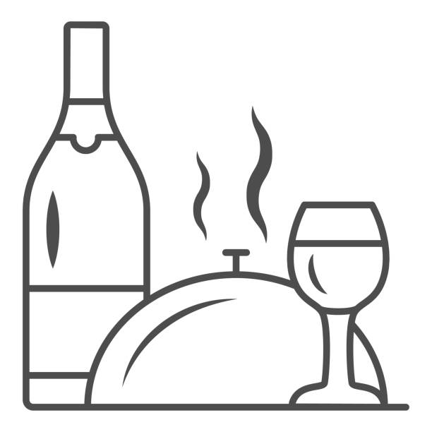 ilustrações de stock, clip art, desenhos animados e ícones de bottle, wine glass and food on tray thin line icon, romantic dinner concept, restaurant dinner service sign on white background, bottle of wine and tray with lid icon in outline. vector graphics. - sign diner restaurant food