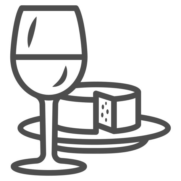 ilustrações, clipart, desenhos animados e ícones de taça de vinho e ícone da linha de queijo, conceito festival de vinho, bebida e lodo em fundo branco, taça de vinho com ícone de fatia de queijo no estilo contorno. gráficos vetoriais. - wine glass white wine wineglass