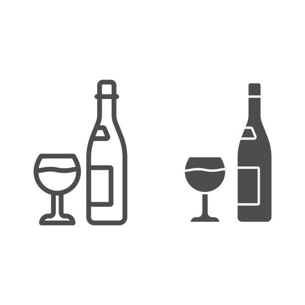 ilustrações, clipart, desenhos animados e ícones de garrafa e taça de linha de vinho e ícone sólido, conceito festival de vinho, bebida alcoólica para placa de celebração no fundo branco, garrafa de vinho e ícone de taça de vinho no estilo contorno. gráficos vetoriais. - champagne flute wine isolated wineglass