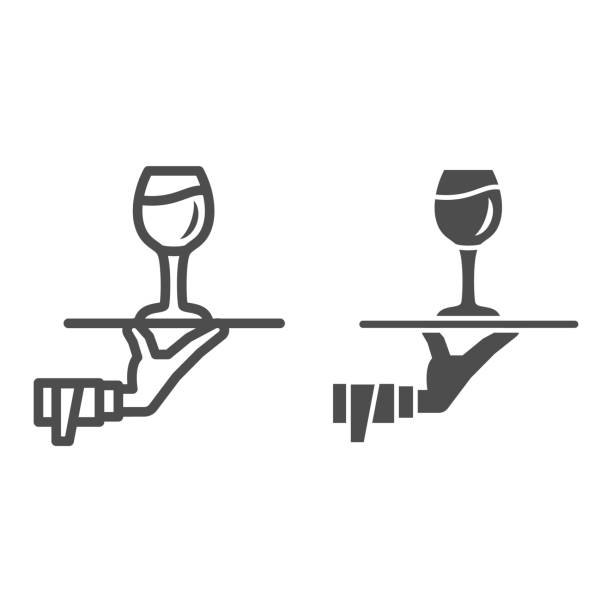 ilustrações de stock, clip art, desenhos animados e ícones de glass of wine on tray in hand line and solid icon, wine festival concept, drinks service sign on white background, hand of waiter with wineglass on tray icon in outline style. vector graphics. - wine glass white wine wineglass