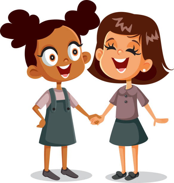 Cheerful Best Friends Holding Hands Funny girl and her best friend having fun playing together friends laughing stock illustrations