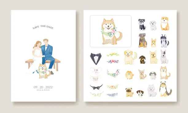 Vector illustration of wedding invitation cards, save the date template. Bride and groom with their dog image.  Dog and flower decorative are editable. Vector.