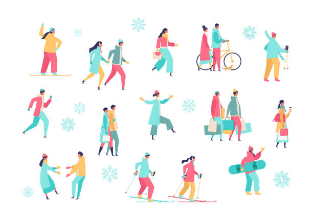 illustrations, cliparts, dessins animés et icônes de personnes effectuant des activités hivernales. ski, patinage et shopping. - skiing teenager ski wear winter