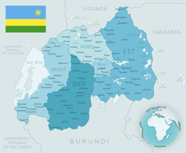 illustrazioni stock, clip art, cartoni animati e icone di tendenza di mappa dettagliata blu-verde delle divisioni amministrative del ruanda con bandiera del paese e posizione sul globo. - ruanda