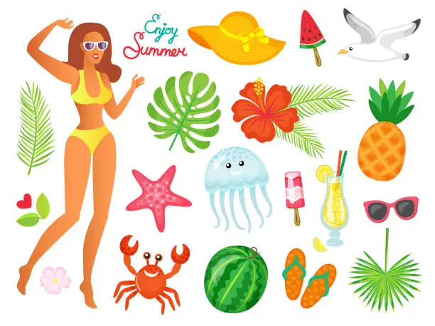 Vector illustration of Enjoy Summer Woman and Summertime Elements Set