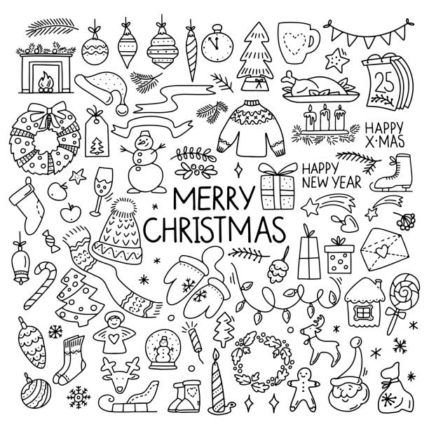 ilustrações de stock, clip art, desenhos animados e ícones de hand drawn set of  merry christmas element  bell, ball, candy, angel, snowman, tree, fire in doodle style isolated on white background. - santa claus food