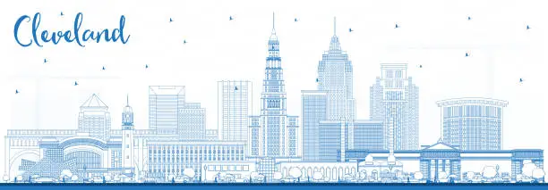 Vector illustration of Outline Cleveland Ohio City Skyline with Blue Buildings.