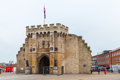 Southampton, United Kingdom - April 24, 2019: The Bargate is a medieval gatehouse in the city of Southampton, England. Constructed in Norman times as part of the Southampton town walls