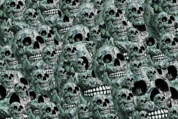 istock 3d,light blue background of human skulls 1281393670