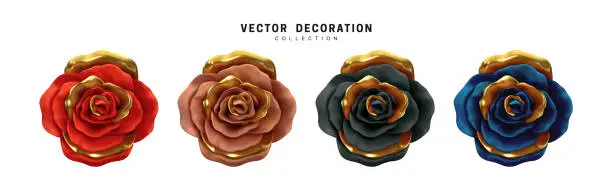 Vector illustration of Flower Rose, buds set isolated on white background. Roses 3d Multicolored Chameleon color. Collection of vector decorative design elements.