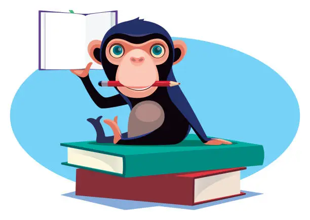 Vector illustration of chimpanzee holding pencil and book