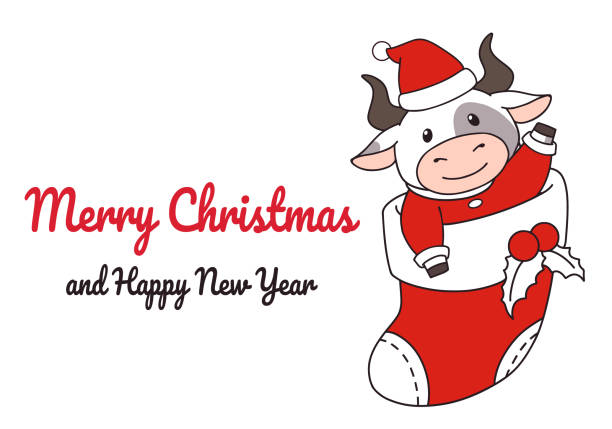 istock Cute ox sitting in the sock. Christmas hand drawn vector illustration for greeting card. 1281395891