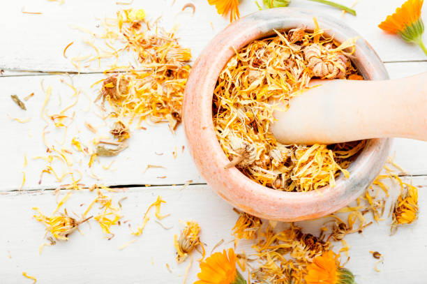 Calendula for herbal medicine. Dried calendula in a mortar and pestle.Traditional herbal medicine. field marigold stock pictures, royalty-free photos & images