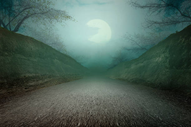 istock Haunted street with fog and moonlight background 1281397209