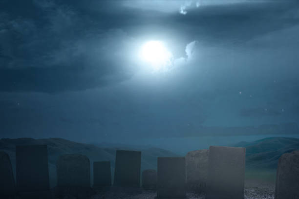 istock Tombstones on the graveyard with full moon background 1281398259