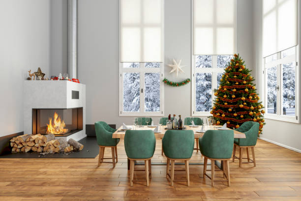 istock Dining Room With Christmas Tree, Ornaments, Fireplace And Snow View Background 1281399493