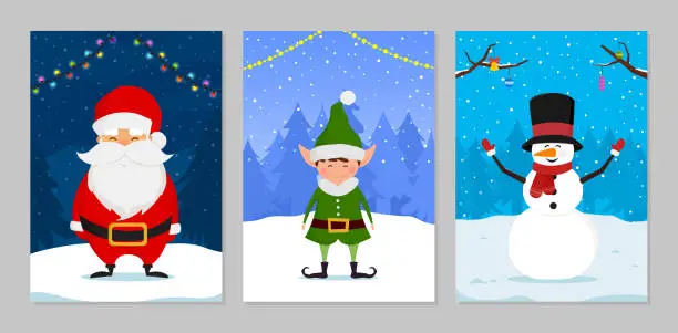 Vector illustration of Collection of Christmas greeting cards and banners with winter cartoon characters.
