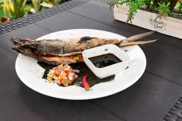 Grilled Boneless Bangus stuffed with vegetables and served with soysauce and Atchara. Bangus is also known as Milkfish.