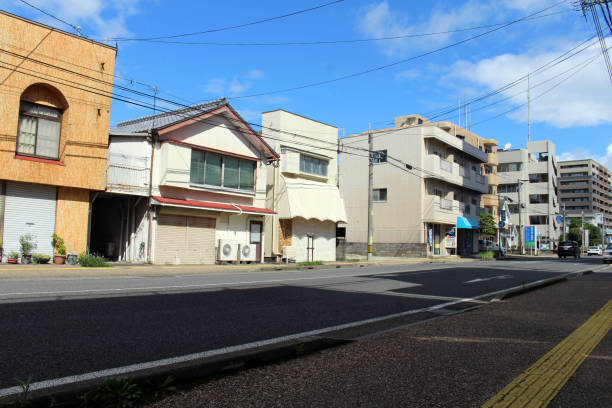 Old traditional closed store by the street in Miyazaki, Japan. stock photo