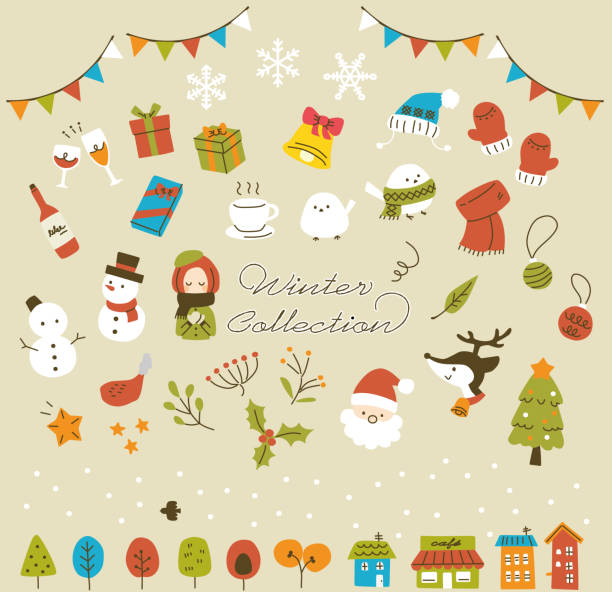 ilustraciones, imágenes clip art, dibujos animados e iconos de stock de conjunto de ilustraciones vectoriales navideñas. - eastern usa national holiday annual event celebration event