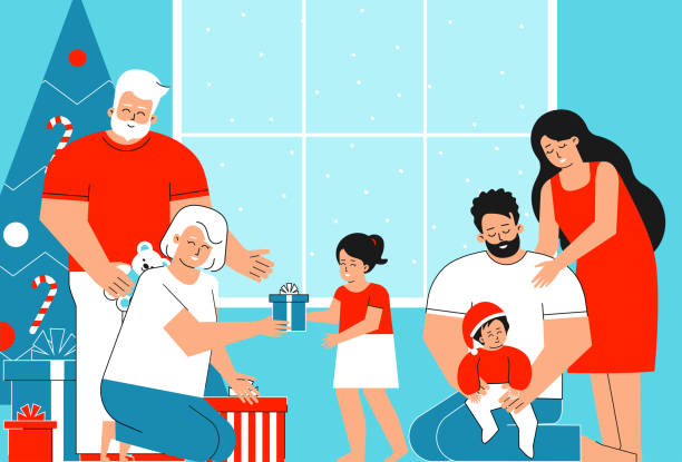 ilustrações de stock, clip art, desenhos animados e ícones de vector flat concept with copy space. winter holidays of multi generation caucasian family at home. grandparent give gifts to kids in christmas morning. father sits with toddler - grandparent grandfather humor grandchild