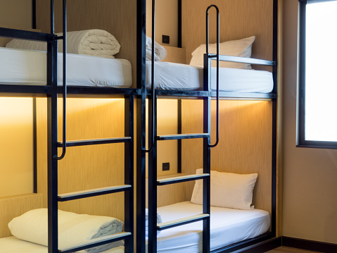 Bunk bed in the room for tourists and travelers.