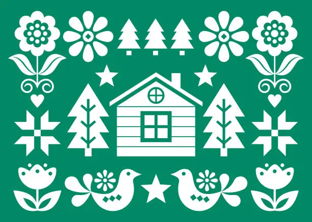 Vector illustration of Christmas Scandinavian folk art vector greeting card design in white on green background in 5x7 format with Christmas trees, birds, flowers and Finnish house