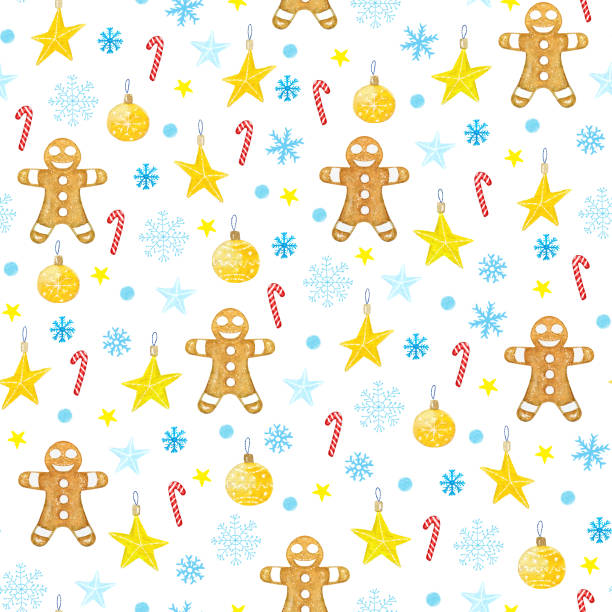 illustrations, cliparts, dessins animés et icônes de fond de noël avec des biscuits de pain d’épice, des sucreries, des flocons de neige et des étoiles - cookie christmas gingerbread man candy cane