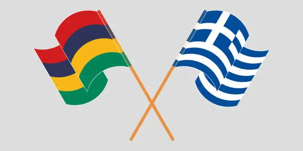 Vector illustration of Crossed and waving flags of Mauritius and Greece